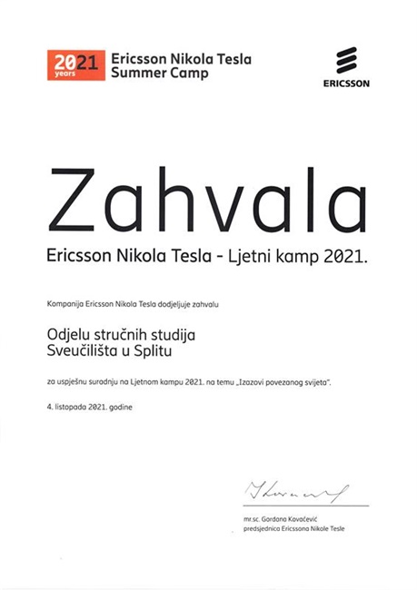 Zahvalnica - Ericsson Nikola Tesla