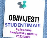 Obavijest redovitim studentima upisanim akademske godine 2023/2024