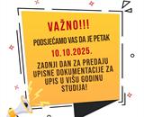 Važna obavijest o upisu u višu godinu studija