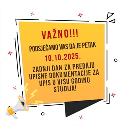 Važna obavijest o upisu u višu godinu studija