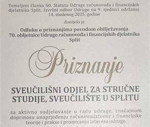 Priznanje Udruge računovođa i financijskih djelatnika Split Sveučilišnom odjelu za stručne studije